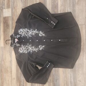 ACORN by Bob Goldfeder Black embroidered silver button shirt XL